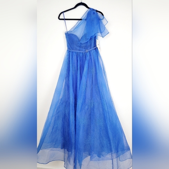NWT Violet Weekend Juniors One-Shoulder Glitter Organza Ballgown in Azure Blue - Picture 2 of 11
